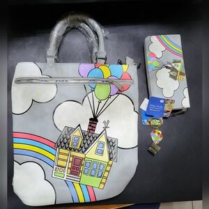 DISNEY Loungefly Pixar UP House Rainbow Convertible Backpack Tote Bag & Wallet